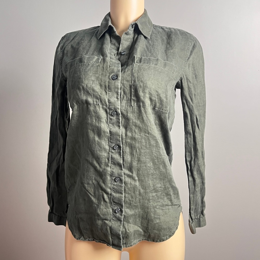 Lord & Taylor Linen Button Down Shirt Womens XS Olive Green Utility Safari Top